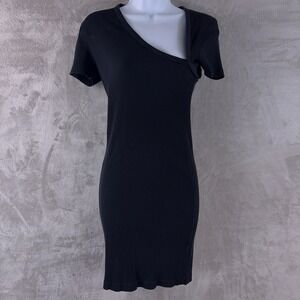 John Elliott Asymmetrical Dress Womens Size 1 Black Ribbed Short Sleeve Minimal